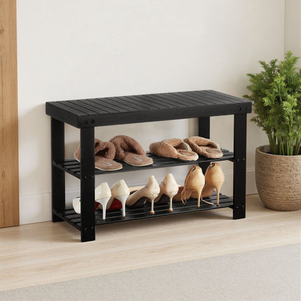 Shoe Rack Bench, 3-Tier Bamboo, 286 lb Capacity, Black