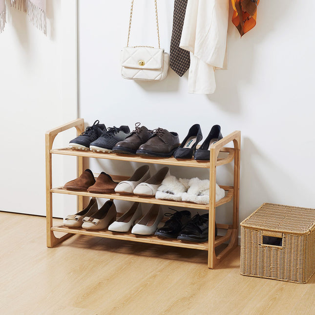 Bamboo shoe rack - 3-tier, holds 9 pairs, natural finish