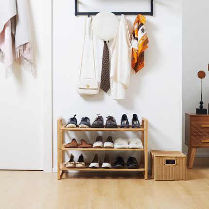 Bamboo shoe rack - 3-tier, holds 9 pairs, natural finish