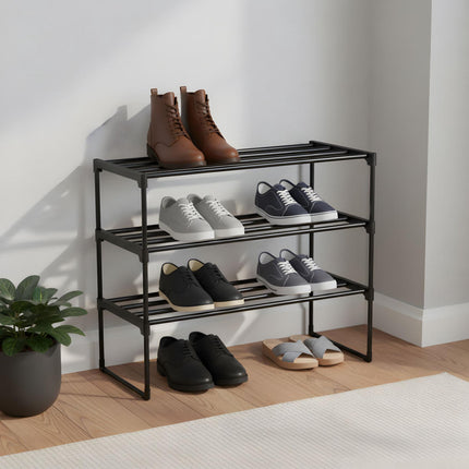 Shoe Rack, Stackable Metal Frame With Plastic Tiers