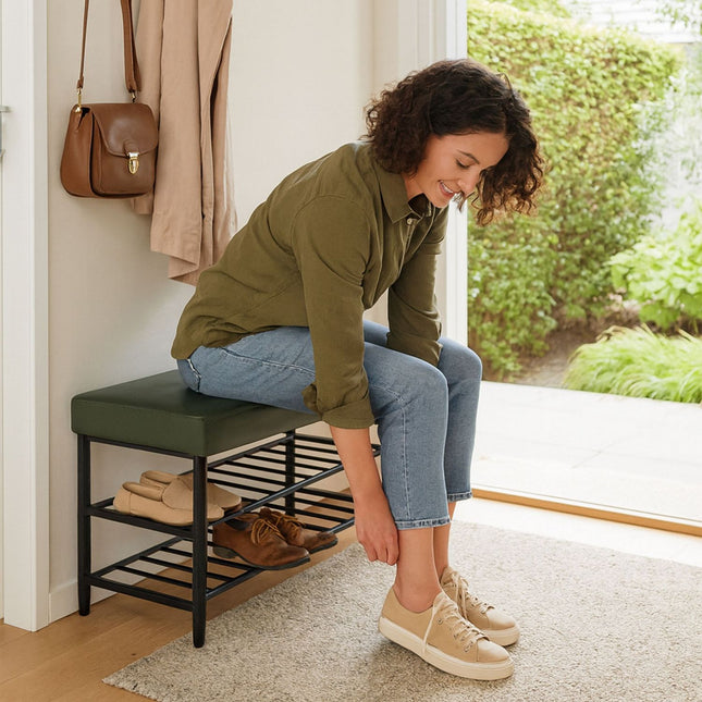 Shoe Storage Bench, Faux Leather, 2 Shelves
