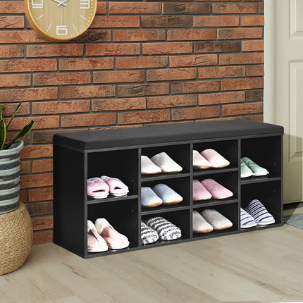 Shoe Storage Bench With Padded Seat, 10-Cube, Black