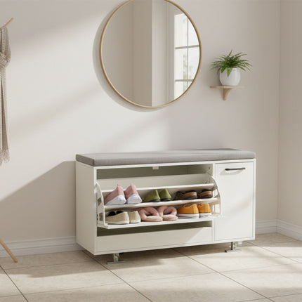 Shoe Storage Bench with Padded Seat and Cupboard
