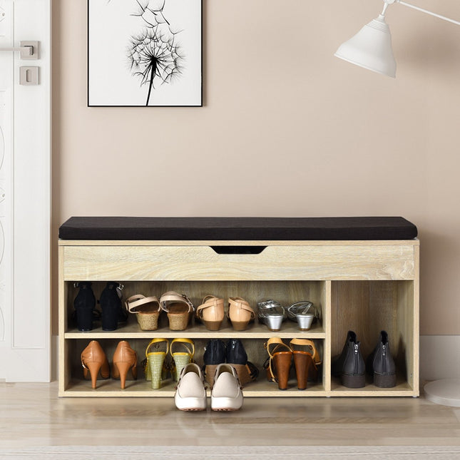 Ławka na buty komoda na buty stojak na buty z poduszką do siedzenia drewno 104 x 48 x 30 cm biały/naturalny-naturalny
