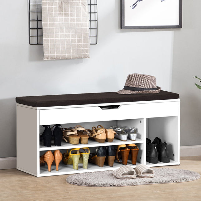Ławka na buty komoda na buty stojak na buty z poduszką do siedzenia drewno 104 x 48 x 30 cm biały/naturalny biały