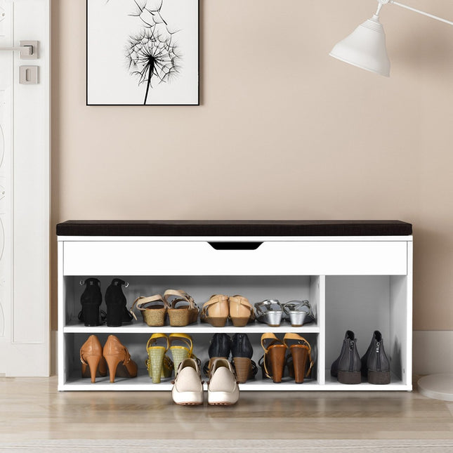 Ławka na buty komoda na buty stojak na buty z poduszką do siedzenia drewno 104 x 48 x 30 cm biały/naturalny biały