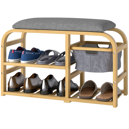 Bamboo shoe bench with pull-out basket, fits 5 pairs, grey