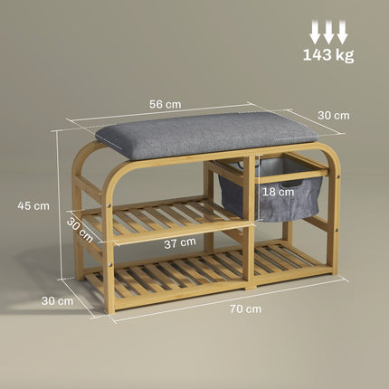 Bamboo shoe bench with pull-out basket, fits 5 pairs, grey