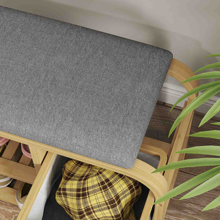 Bamboo shoe bench with pull-out basket, fits 5 pairs, grey