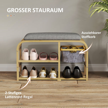Bamboo shoe bench with pull-out basket, fits 5 pairs, grey