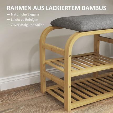Bamboo shoe bench with pull-out basket, fits 5 pairs, grey