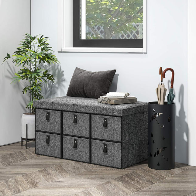 Ławka na buty z 6 pudełkami, ławka, ławka do garderoby o wyglądzie lnu, skrzynia na buty na 6 par butów, do przedpokoju, przedpokoju, ciemnoszary, 76,5 x 38 x 38 cm
