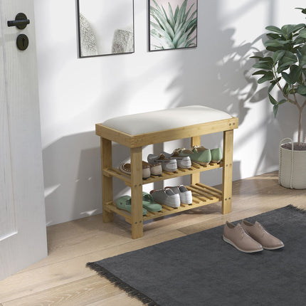 Bamboo Shoe bench with storage, Cream white, 60x29x49 cm