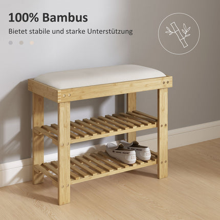 Bamboo Shoe bench with storage, Cream white, 60x29x49 cm