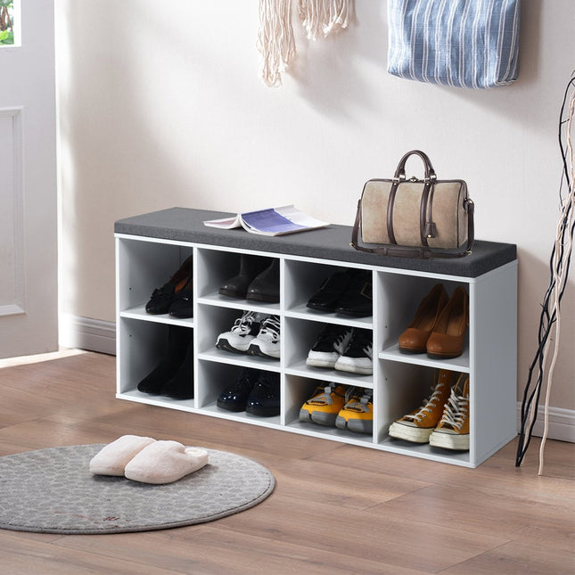 Ławka na buty z siedziskiem, półką na buty, komodą na buty, półką na buty, szafką na buty, ławką z półką i poduszką do siedzenia, drewno, biały