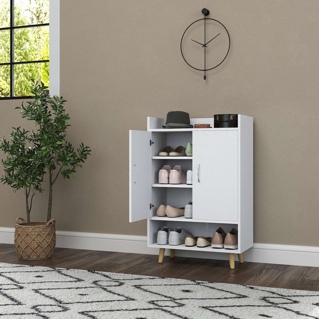 Szafka na buty, stojak na buty z drzwiami i półkami, na 12 butów, nowoczesna komoda na buty, stojaki na buty do przedpokoju i wejścia, lite drewno, 60 x 30 x 92 cm, biały