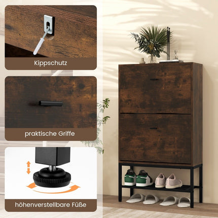 Shoe cabinet with 2 flaps &amp; 4 shelves &amp; Open shelf shoe tipper shoe rack rustic brown
