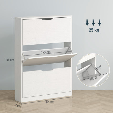 Slim white shoe cabinet for 9-12 pairs, 3 flaps, 80x17x108 cm