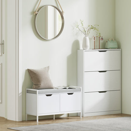 Slim white shoe cabinet for 9-12 pairs, 3 flaps, 80x17x108 cm