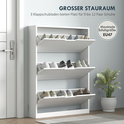 Slim white shoe cabinet for 9-12 pairs, 3 flaps, 80x17x108 cm