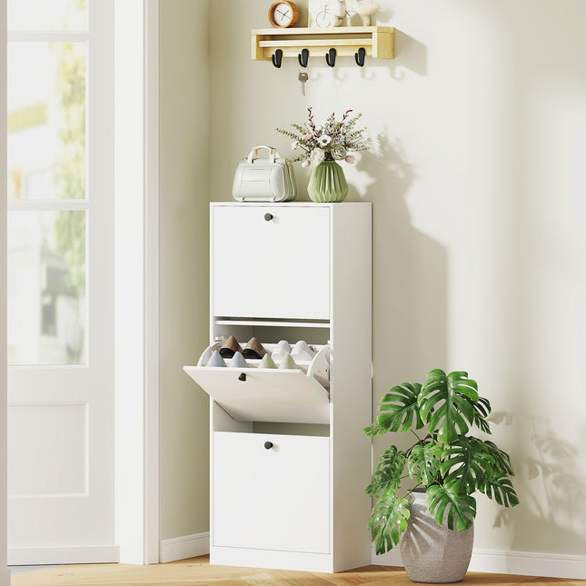 Szafka na buty z 3 klapami, półka na buty z regulowaną przegrodą, komoda na buty, wąska klapka na buty na 12 par butów 47 x 26 x 120 cm, biała |