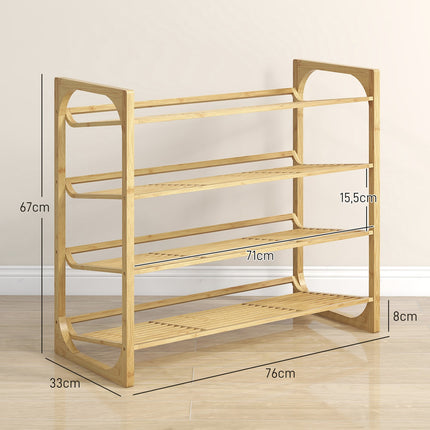 Bamboo shoe rack, 4 tiers, holds 12 pairs, natural