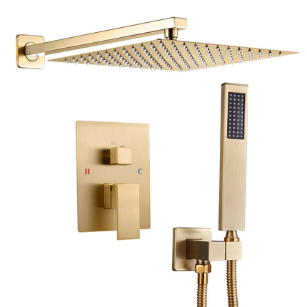 Shower Faucet Set, 10-Inch Square Rain Head, Handheld, Brushed Gold