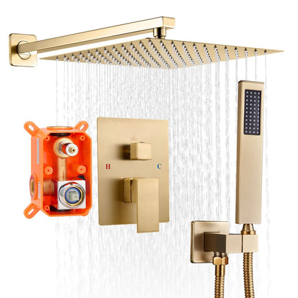Shower Faucet Set – 12-Inch Square Rain Head, Handheld, Brushed Gold