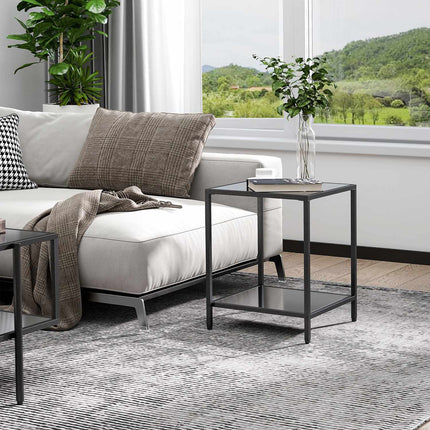 Black tempered glass side table - 2 tiers, 40 x 40 x 50 cm