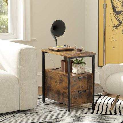 Rustic brown side table with charging station and storage