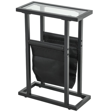 Black metal and glass side table with fabric storage bag