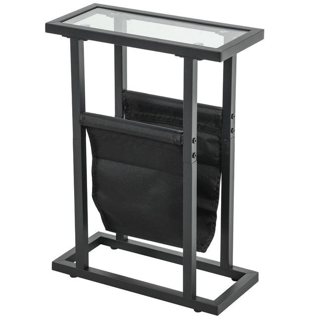 Black metal and glass side table with fabric storage bag