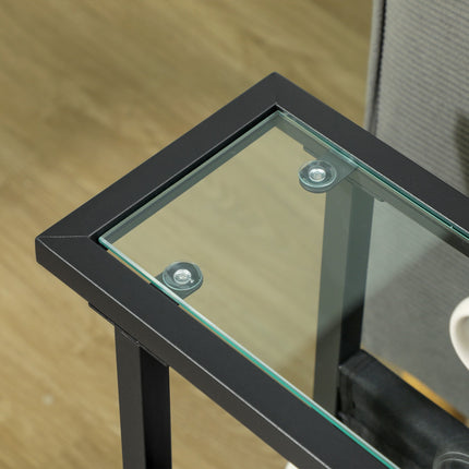 Black metal and glass side table with fabric storage bag