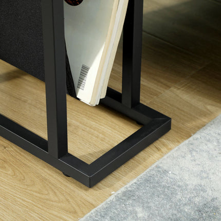 Black metal and glass side table with fabric storage bag
