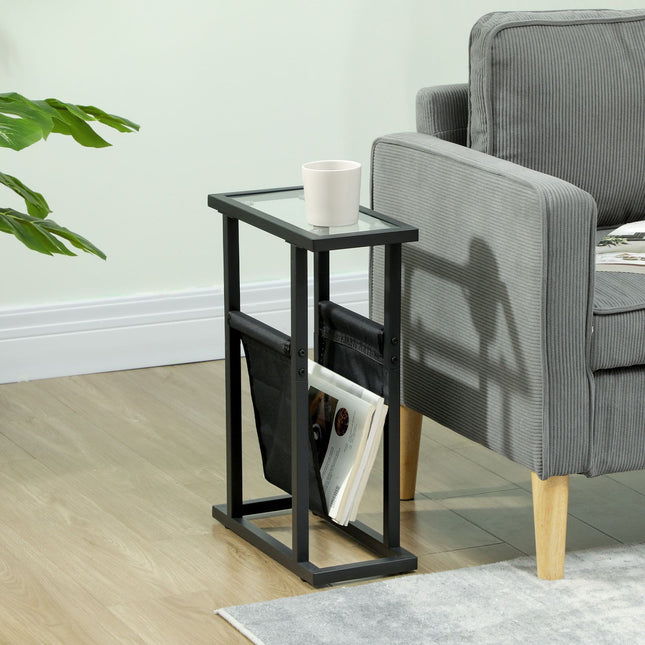 Black metal and glass side table with fabric storage bag