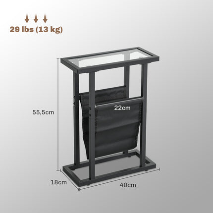 Black metal and glass side table with fabric storage bag
