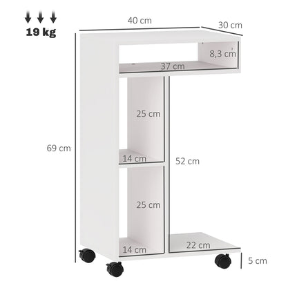 White coffee table with wheels - 4-shelf multifunctional desk