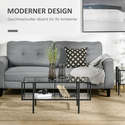 Glass coffee table, 3 shelves, Steel frame, Black