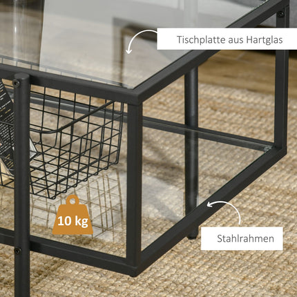 Glass coffee table, 3 shelves, Steel frame, Black