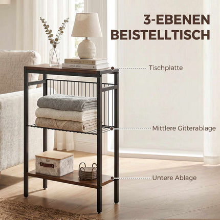 Side Table With 3 Shelves, Metal Frame, Rustic Brown
