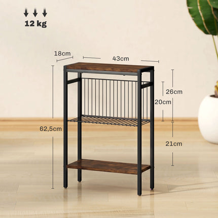 Side Table With 3 Shelves, Metal Frame, Rustic Brown