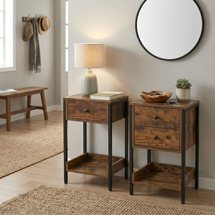 Side Table With Drawer And Shelf – Industrial Wood Effect