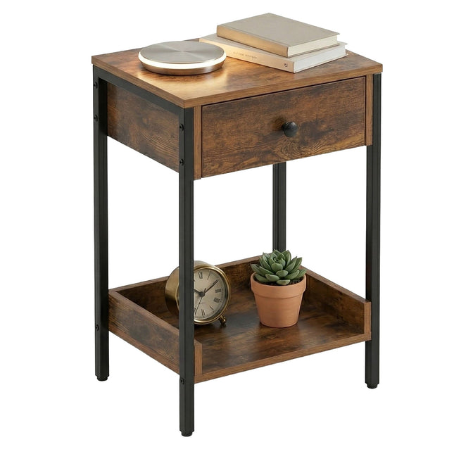 Side Table With Drawer And Shelf – Industrial Wood Effect