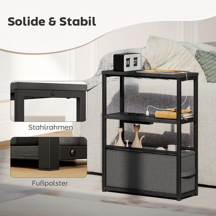 Side Table with Charging Station, Black, 45x18x60cm