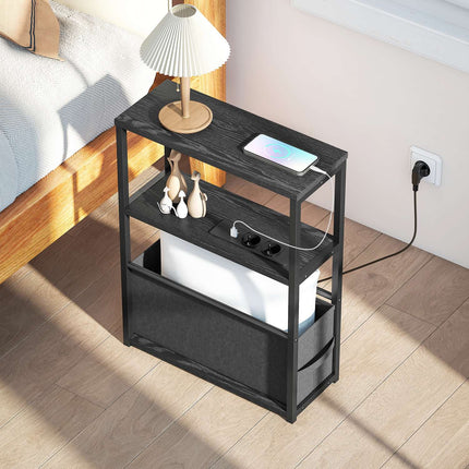 Side Table with Charging Station, Black, 45x18x60cm