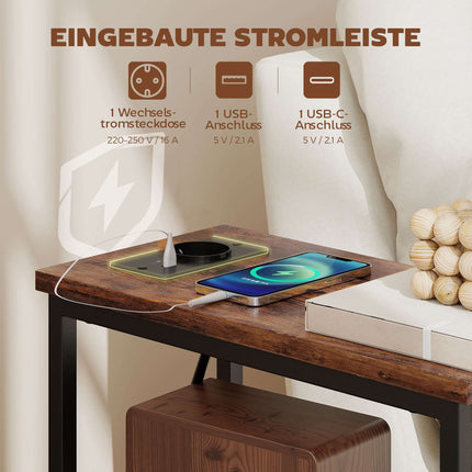 Side Table with Charging Station, Steel Frame, 2 Fabric Drawers