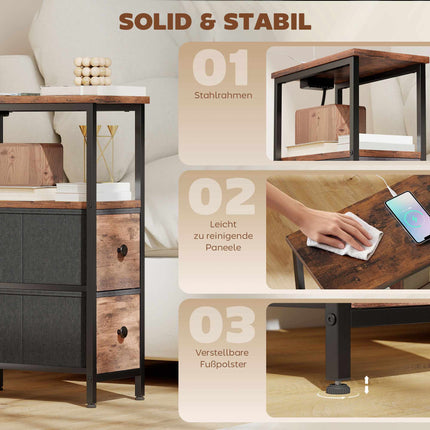 Side Table with Charging Station, Steel Frame, 2 Fabric Drawers