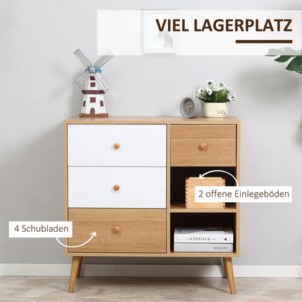 Scandinavian sideboard with 4 drawers, 2 shelves, natural wood