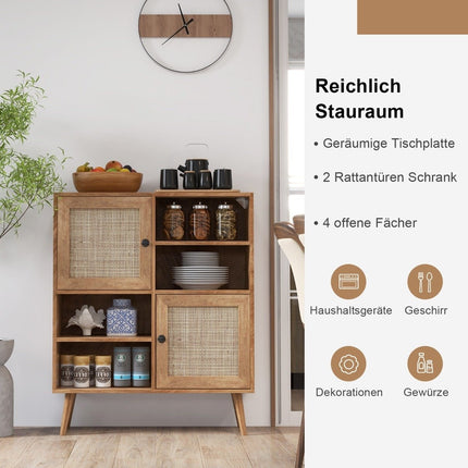 Sideboard cabinet made of wood, chest of drawers with 4 compartments and 2 doors, rattan sideboard cabinet