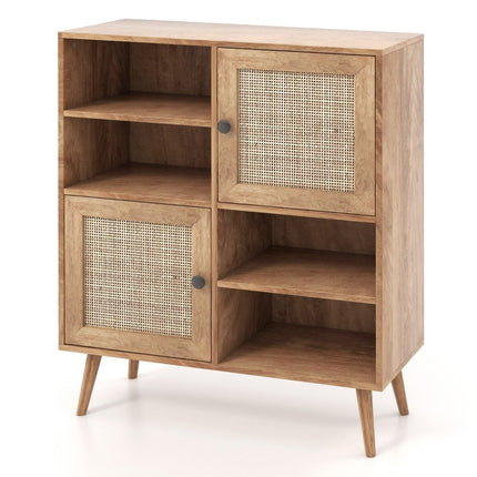 Sideboard cabinet made of wood, chest of drawers with 4 compartments and 2 doors, rattan sideboard cabinet